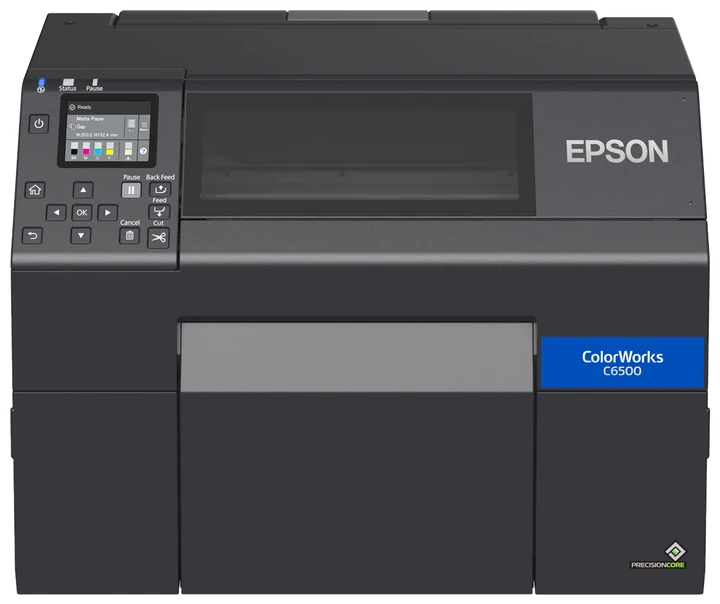 Epson ColorWorks CW-C6500A colour label printer, front view.