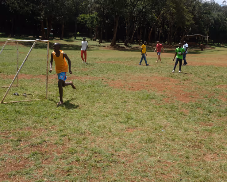 Children playing soccer on a grassy field surrounded by trees, with one boy in an orange shirt running near a small goalpost.