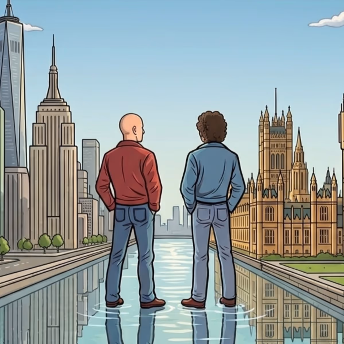 Wyatt and Julien standing between New York and London skylines