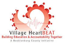 Logo with a red heartbeat heart shape and text Village HeartBEAT, Building Education & Accountability Together, a Mecklenburg County Initiative.