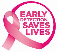 Pink breast cancer awareness ribbon with the text 'Early Detection Saves Lives' inside a circular border.
