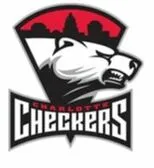 Charlotte Checkers logo featuring a fierce polar bear head in front of a red city skyline.