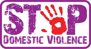 Purple and red graphic with the words 'STOP DOMESTIC VIOLENCE' featuring a red handprint in the letter O of STOP.