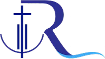 Logo with a stylized blue cross integrated into a circular shape and a large blue letter R with a curved blue wave line extending from the letter's leg.