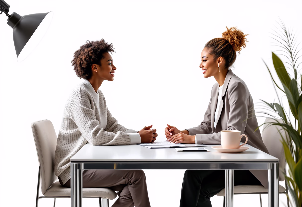 A mentor and new agent talking one-on-one at a table
