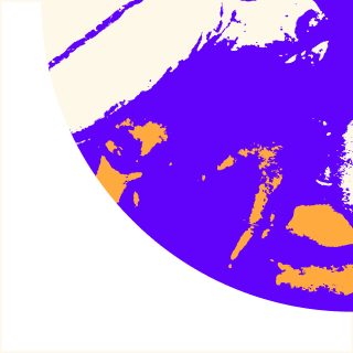 Quarter circle with purple and orange abstract pattern representing brand identity