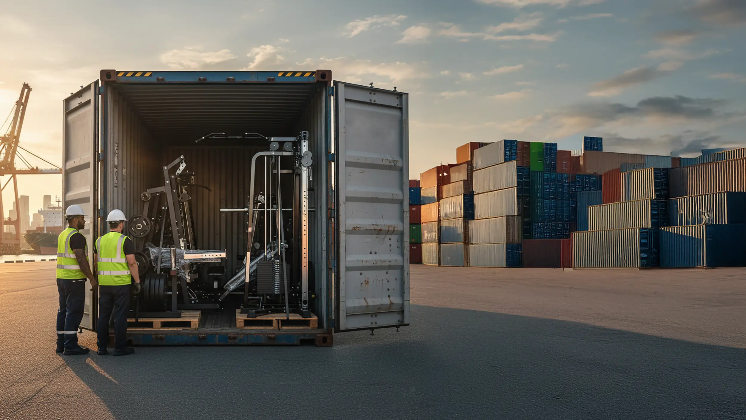 Two workers in safety vests and helmets inspecting gym equipment loaded inside an open shipping container at a shipping yard.
