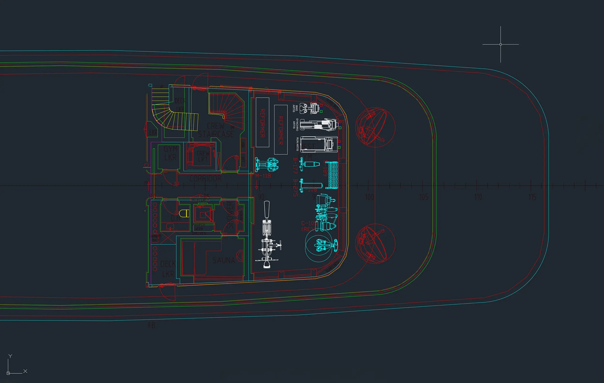 Technical floor plan of a boat's deck showing areas labeled sauna, gym locker, crew staircase, corridor, shower, and equipment layout.