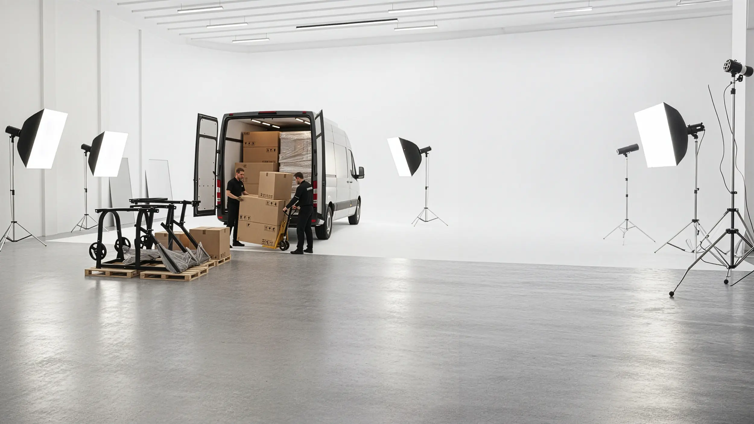 Two men unloading large cardboard boxes from a white van inside a spacious, well-lit photography studio with professional lighting equipment.