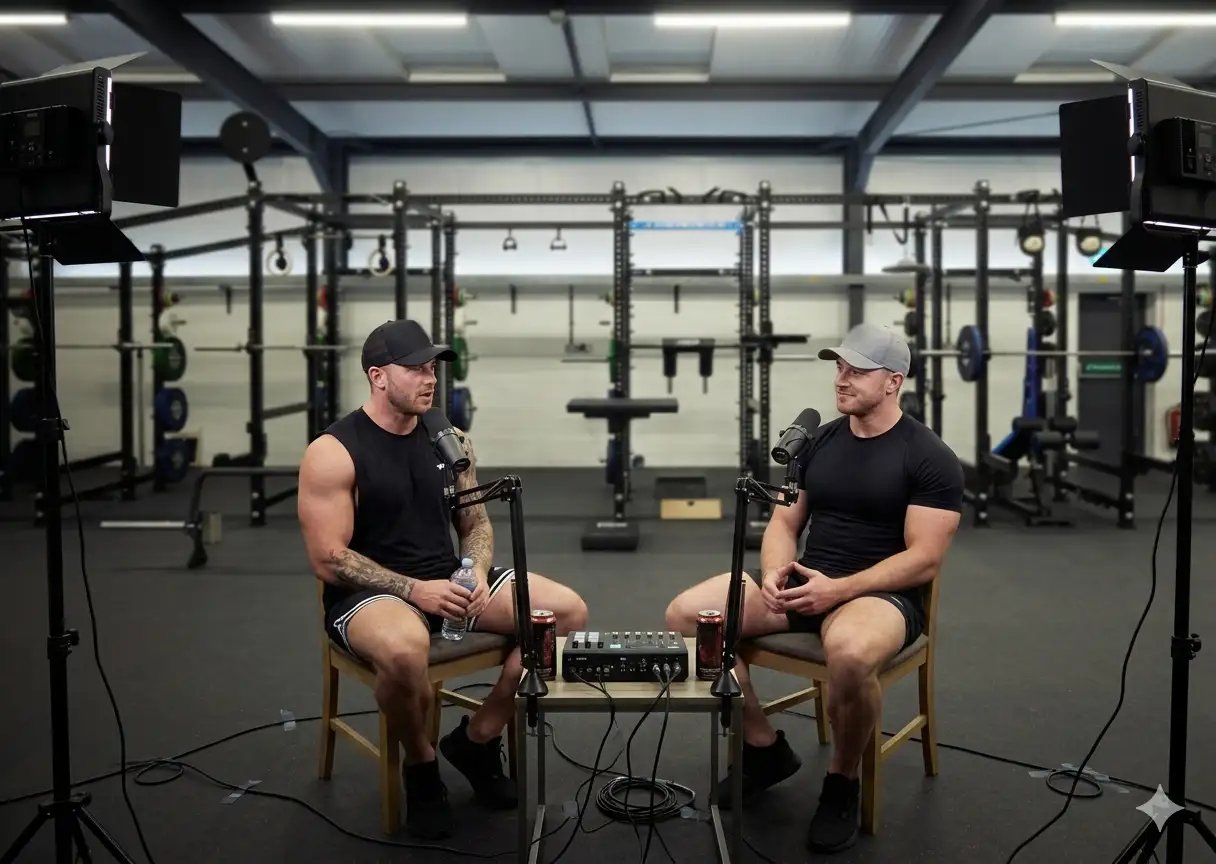 Two muscular men wearing black athletic clothes and caps sitting on chairs in a gym, speaking into microphones with audio equipment and studio lights set up around them.