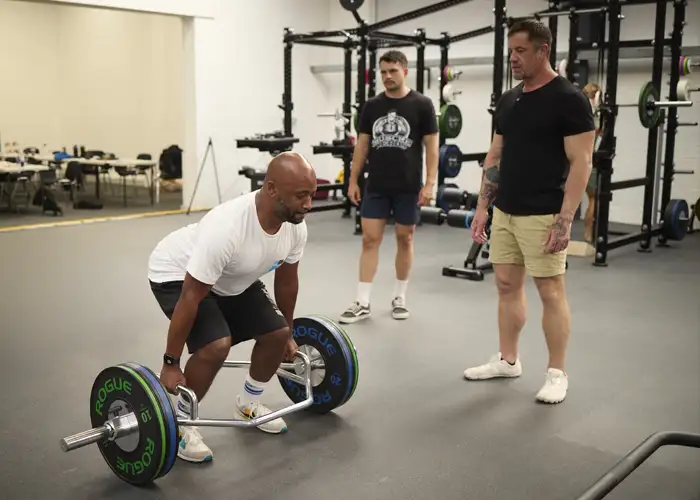 Man in white shirt lifting a barbell with two men observing in a gym setting.