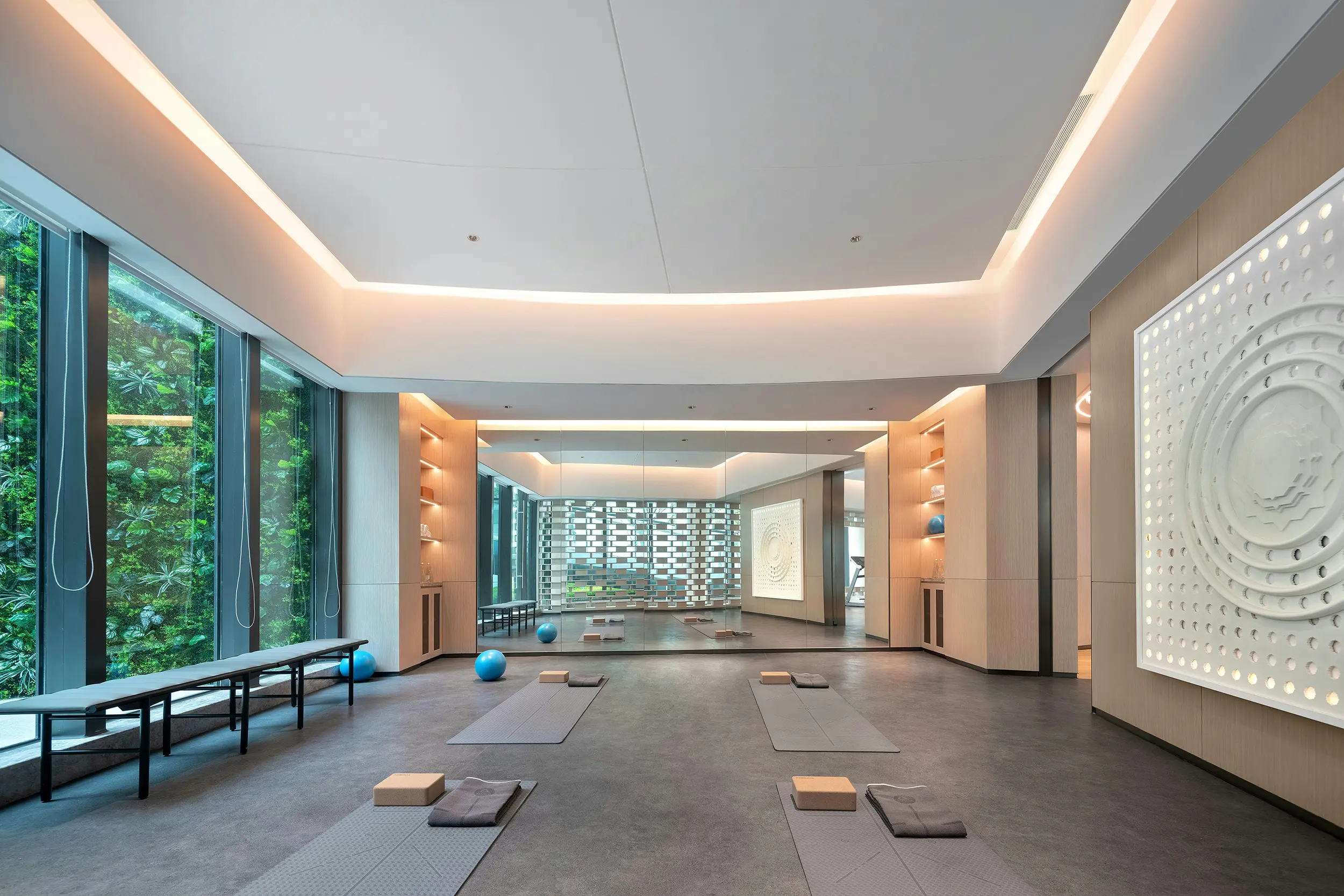 Modern yoga studio with gray mats, wooden blocks, and blue exercise balls, featuring large mirrors and natural light from tall windows with green plants outside.