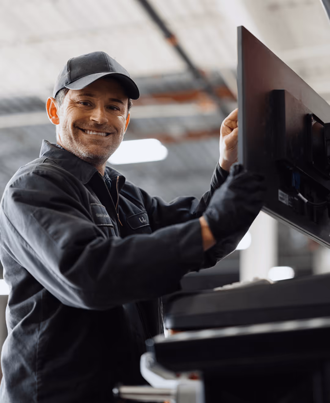 Mann in Arbeitskleidung und Kappe, lächelnd, repariert einen Bildschirm in einer Werkstattumgebung.