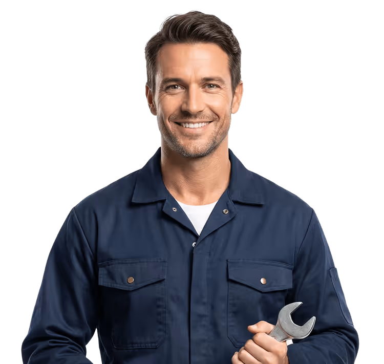 Mann in blauem Overall hält Schraubenschlüssel, lächelt.