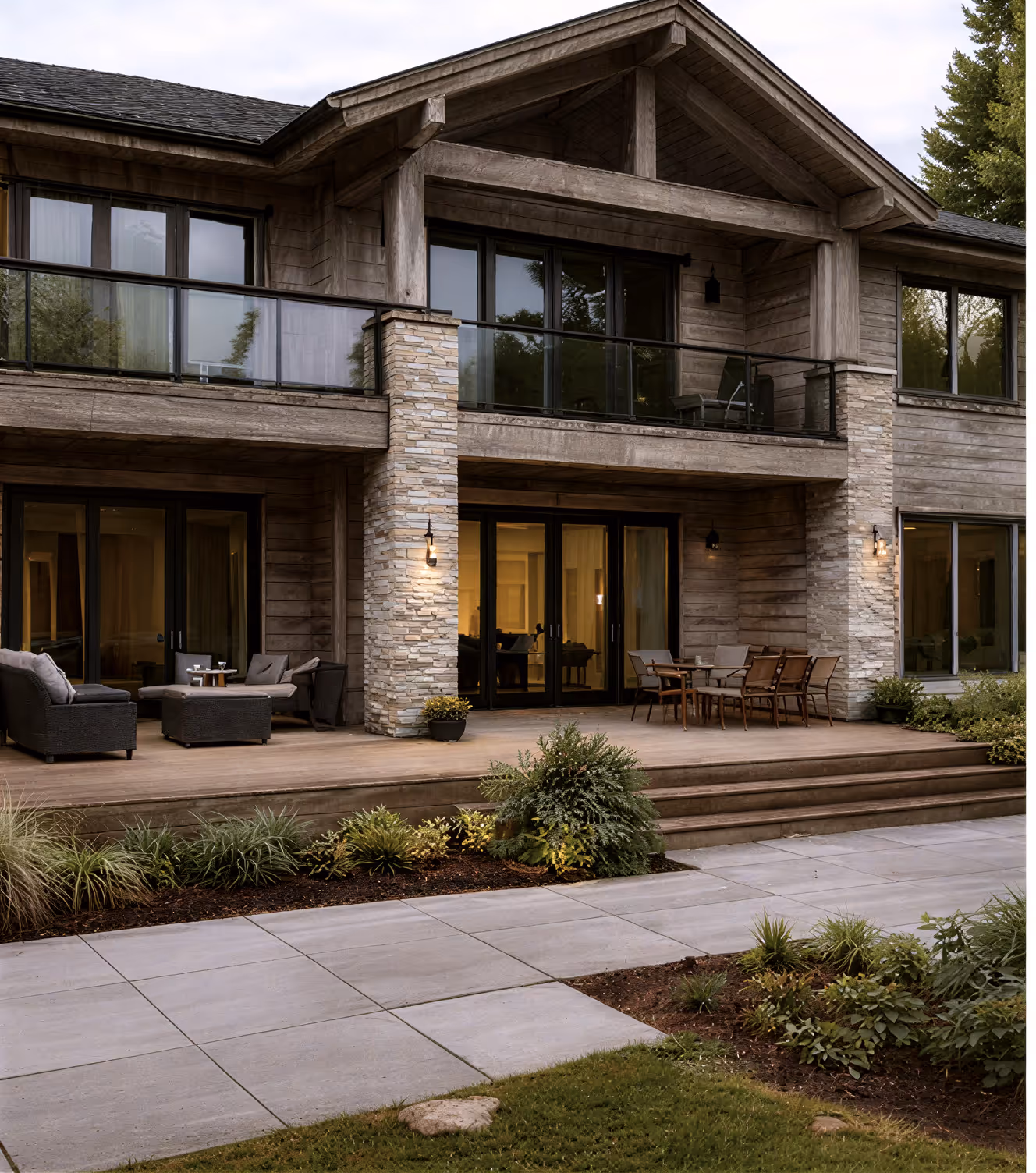 Modern two-story wooden house with a spacious porch featuring outdoor seating, dining area, and stone columns.