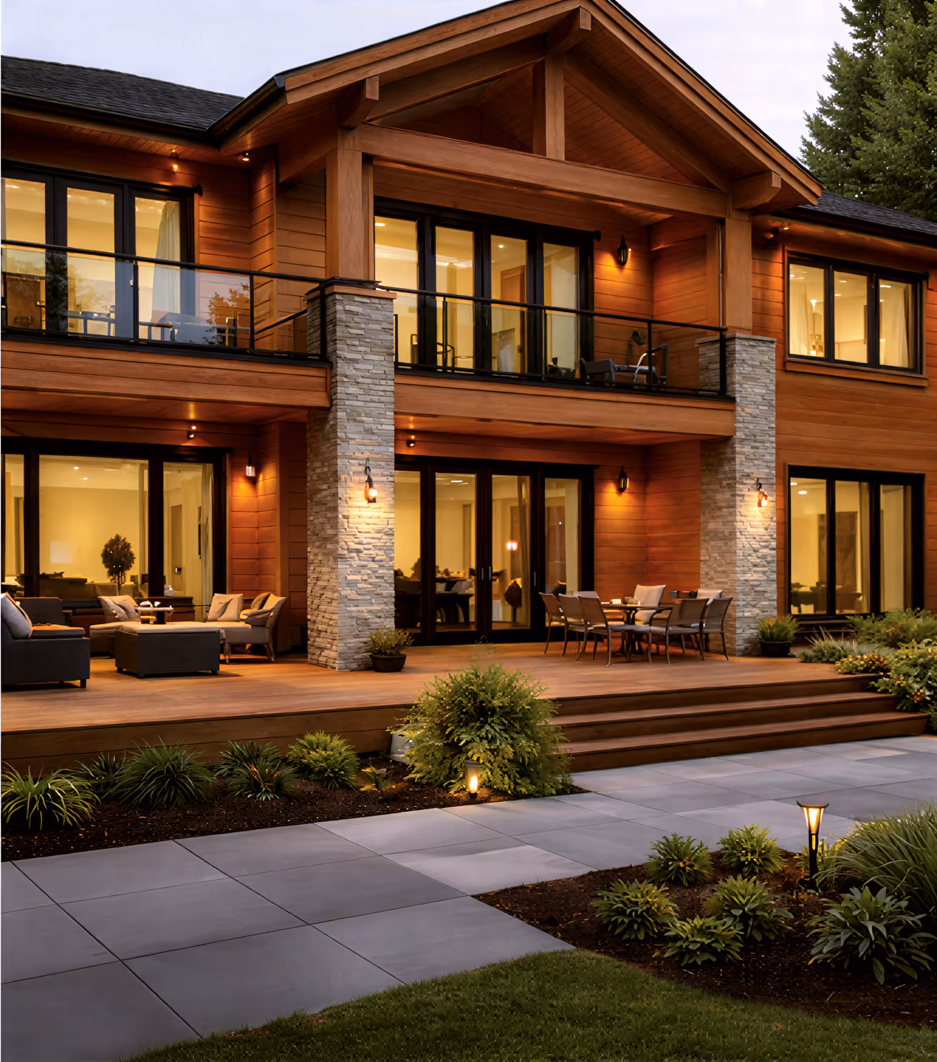 Modern two-story wooden house with large glass doors and windows, a spacious outdoor deck with seating and dining areas, surrounded by landscaped garden and pathway lighting.