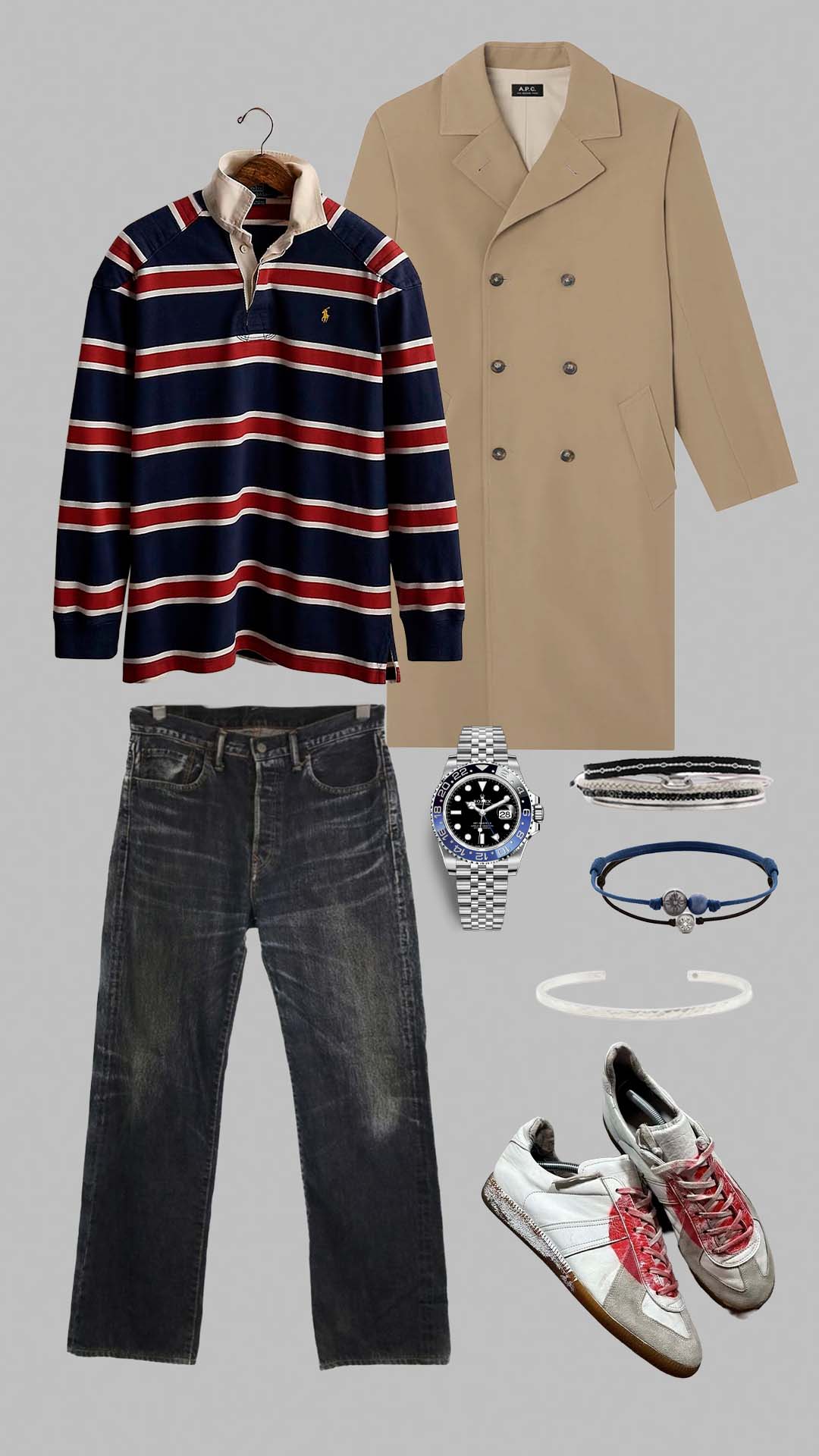 Striped polo outfit for men with beige trench coat, dark jeans and sneakers.