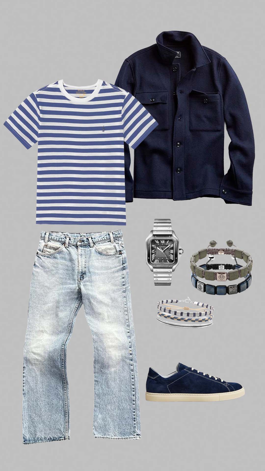 Striped tee outfit for men with navy overshirt, light blue jeans and sneakers.