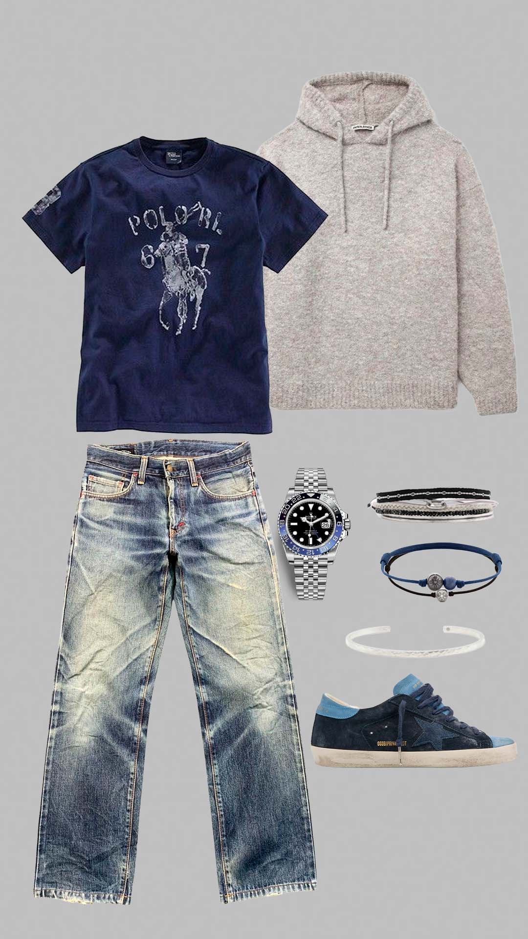 vintage casual outfit for men with faded denim jeans polo t shirt and grey knit hoodie'
