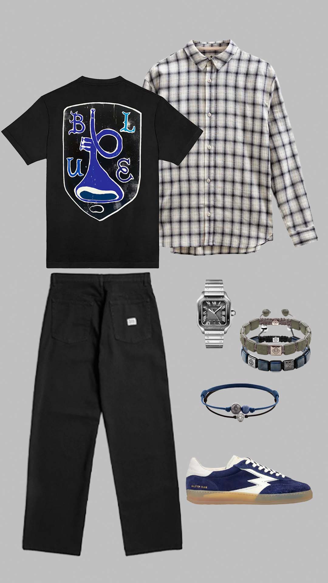 street casual outfit for men with graphic t shirt plaid overshirt and relaxed black trousers