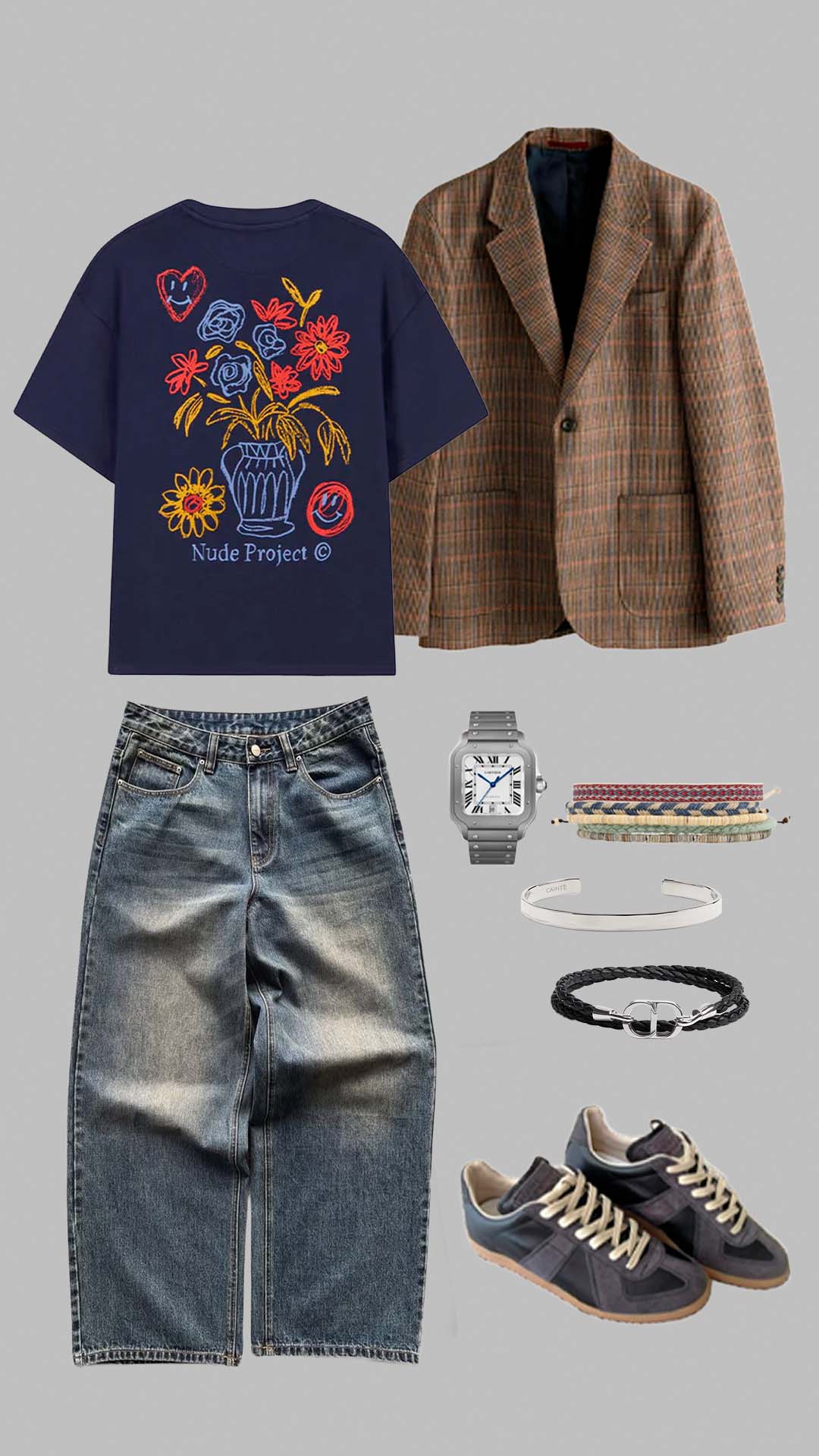 relaxed casual outfit for men with loose denim jeans graphic tee and plaid blazer