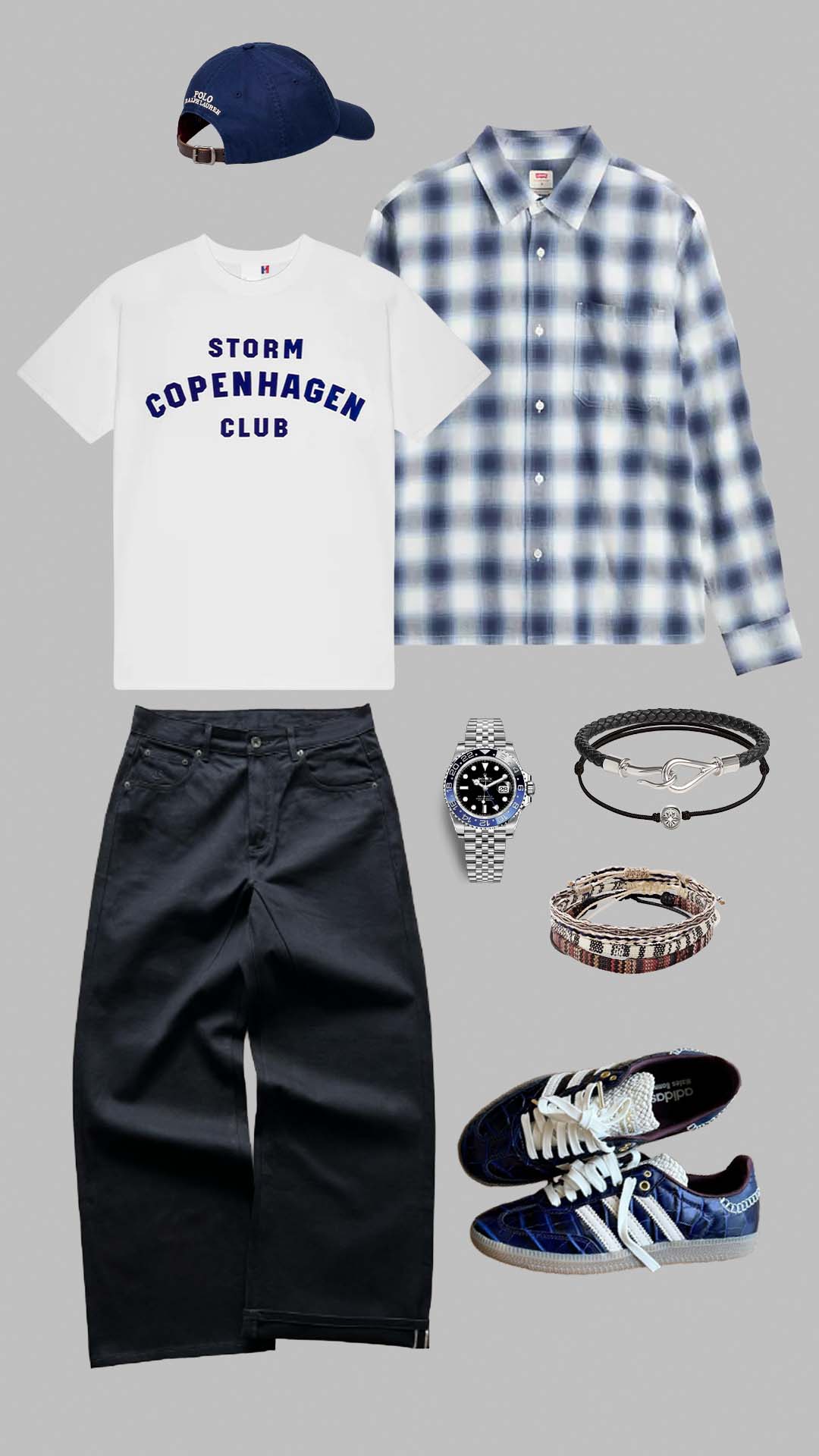 street casual outfit for men with plaid shirt relaxed black trousers and sneakers