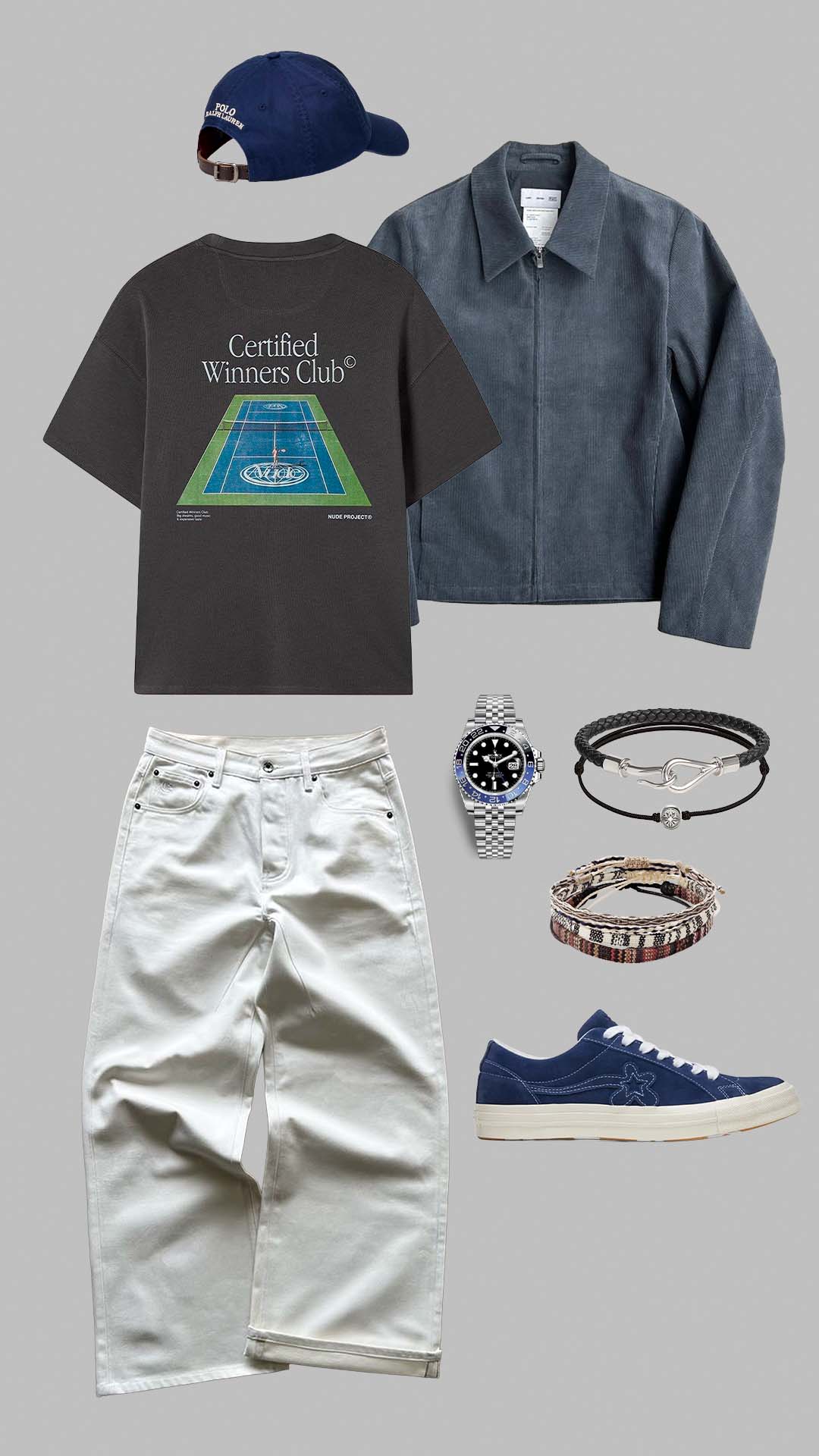 relaxed casual outfit for men with white jeans, graphic t shirt and casual jacket