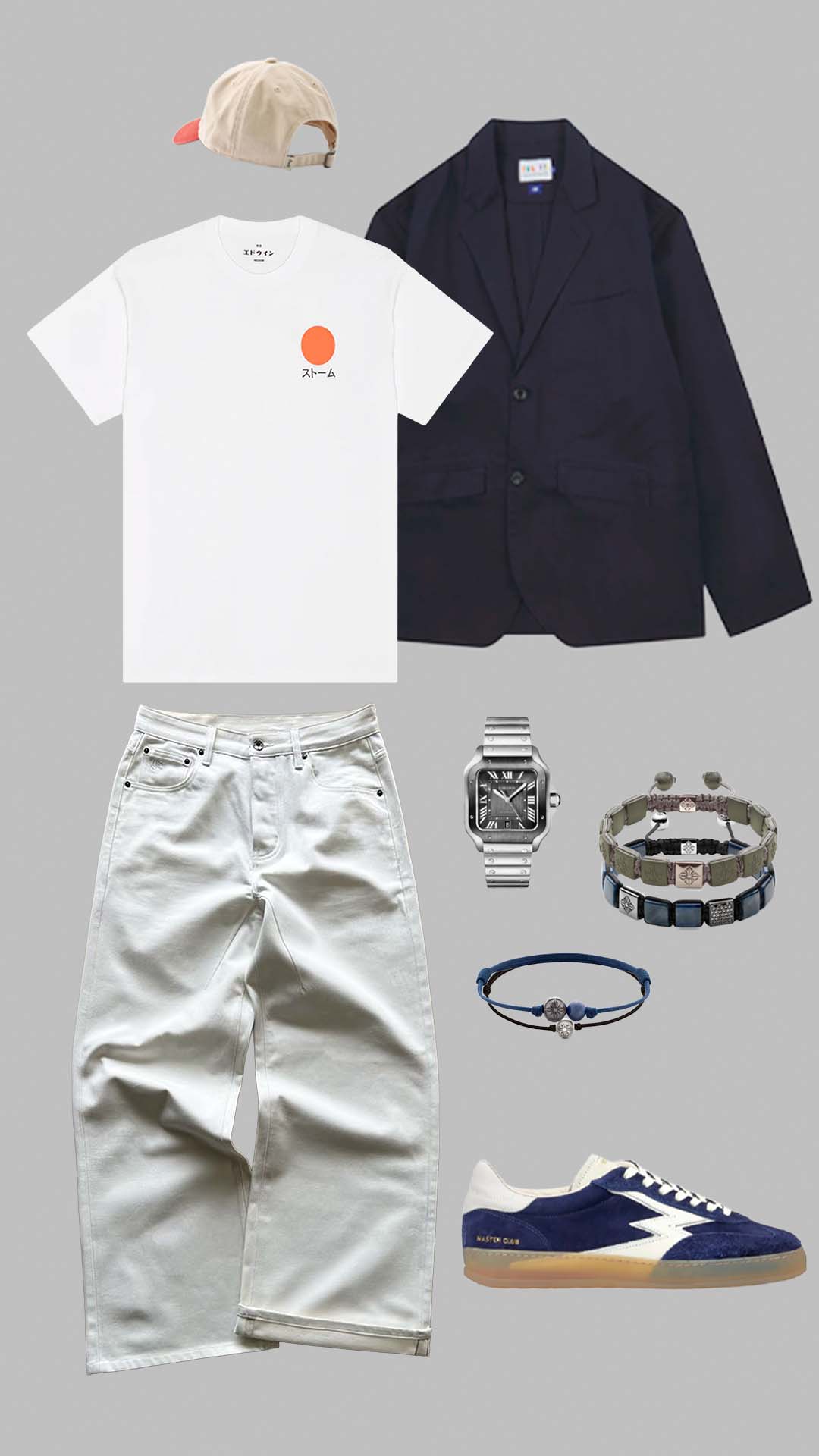 relaxed casual outfit for men with loose white jeans graphic tee and navy blazer