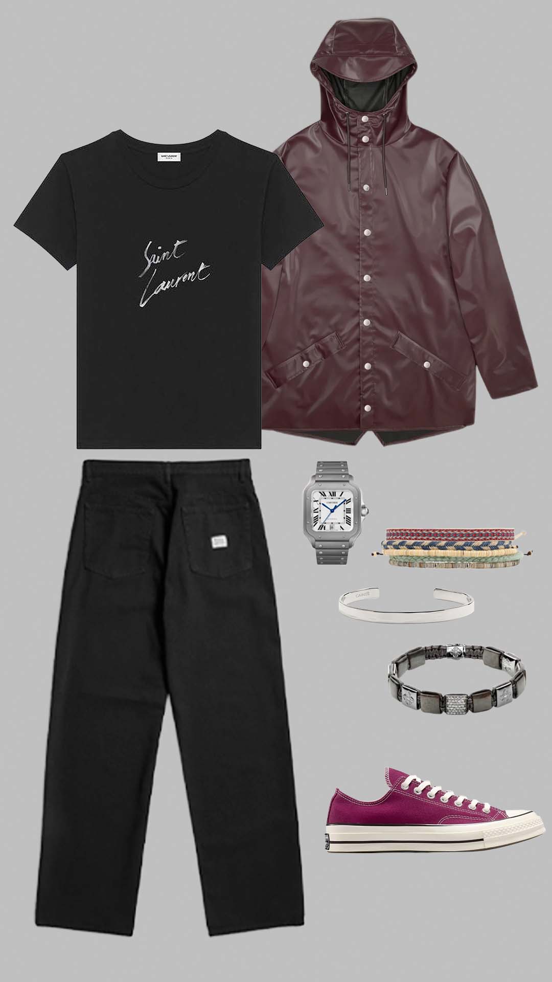 street casual outfit for men with black graphic tee rain jacket and relaxed black trousers
