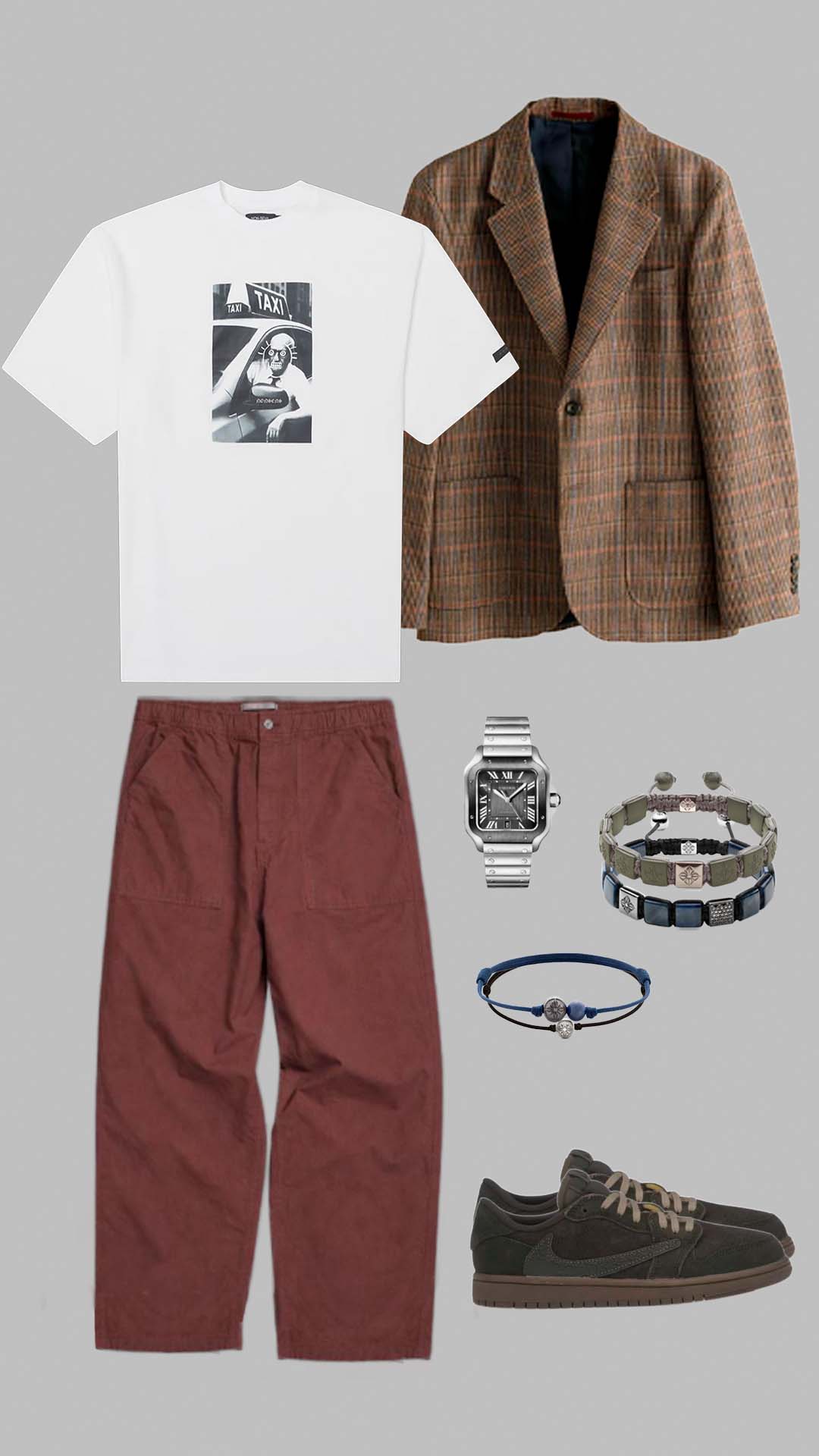 street casual blazer outfit for men with graphic t shirt relaxed trousers and plaid blazer