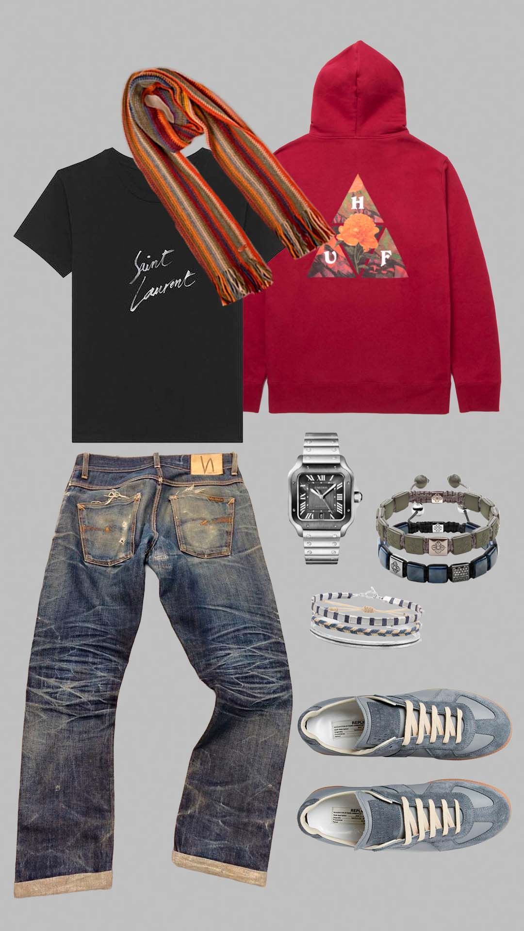 vintage streetwear outfit for men with distressed denim jeans saint laurent t shirt and red hoodie