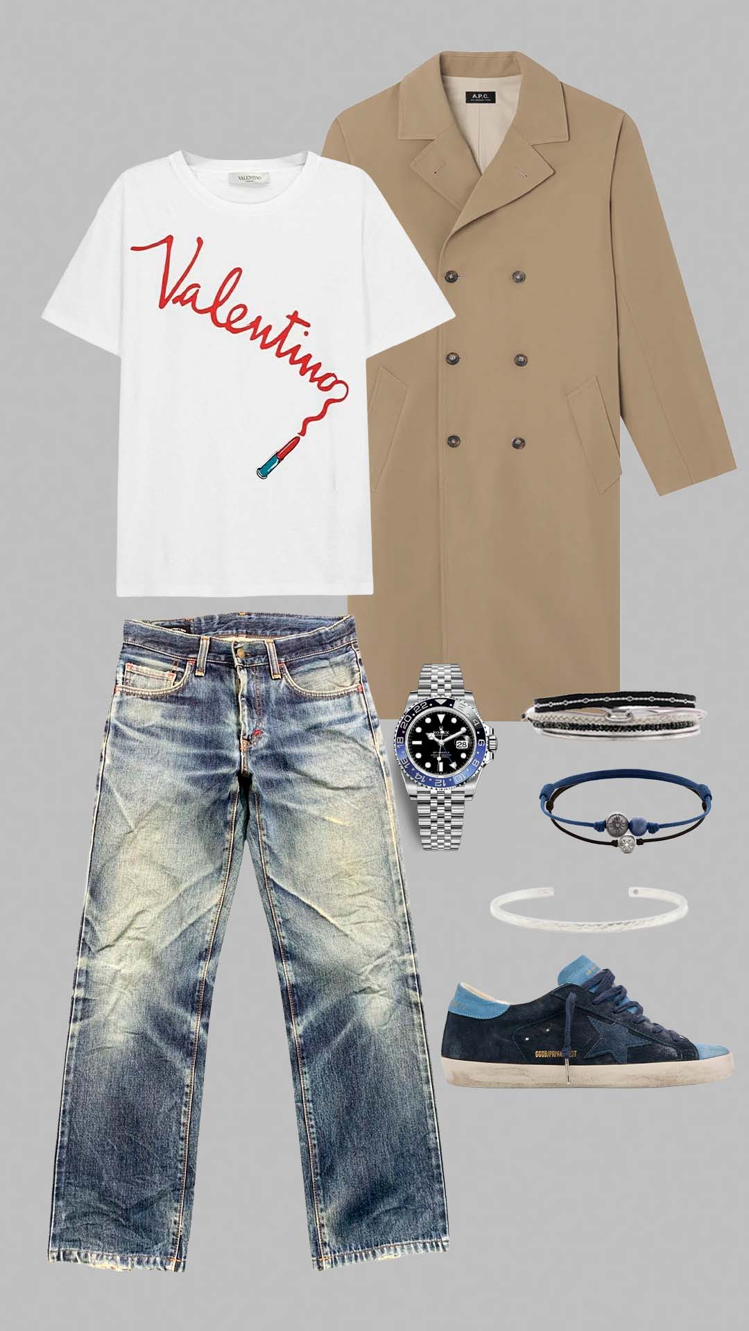 scandinavian vintage outfit for men with faded denim jeans valentino t shirt and camel coat