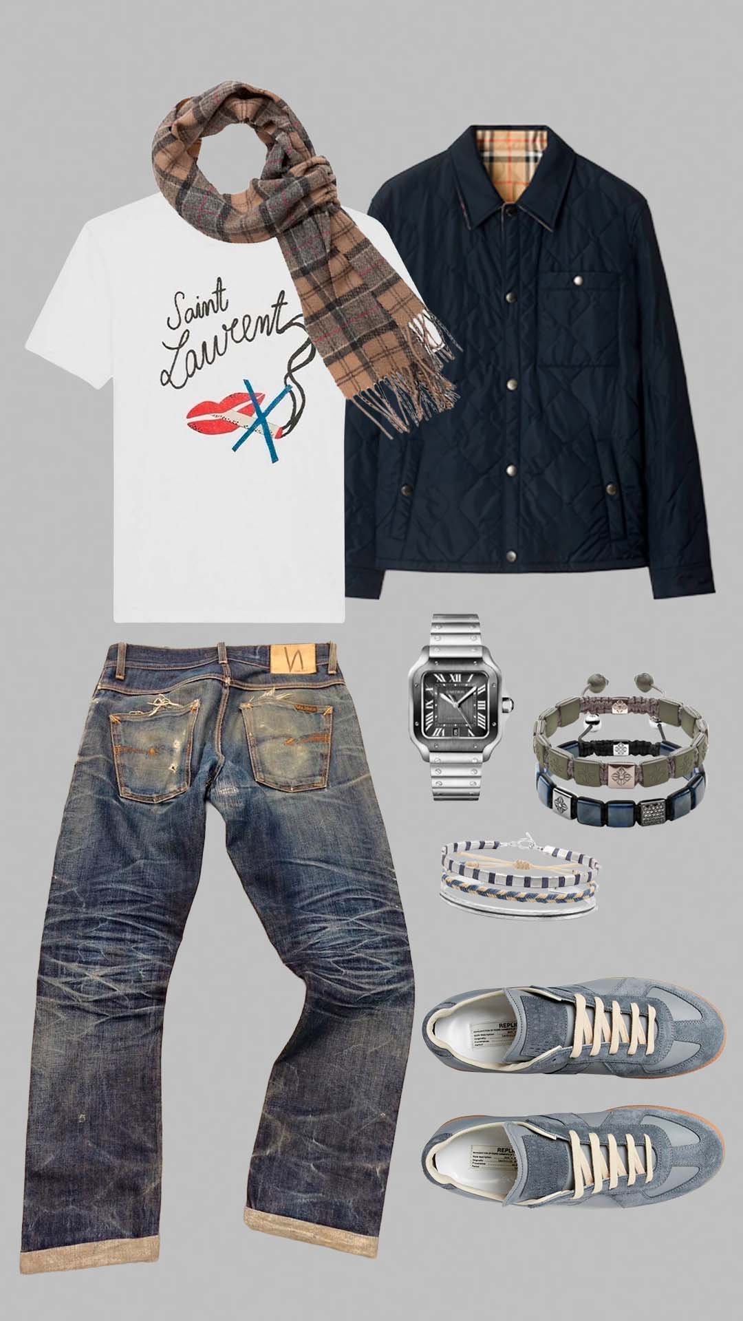 vintage scandinavian outfit for men with distressed denim jeans saint laurent t shirt and quilted jacket