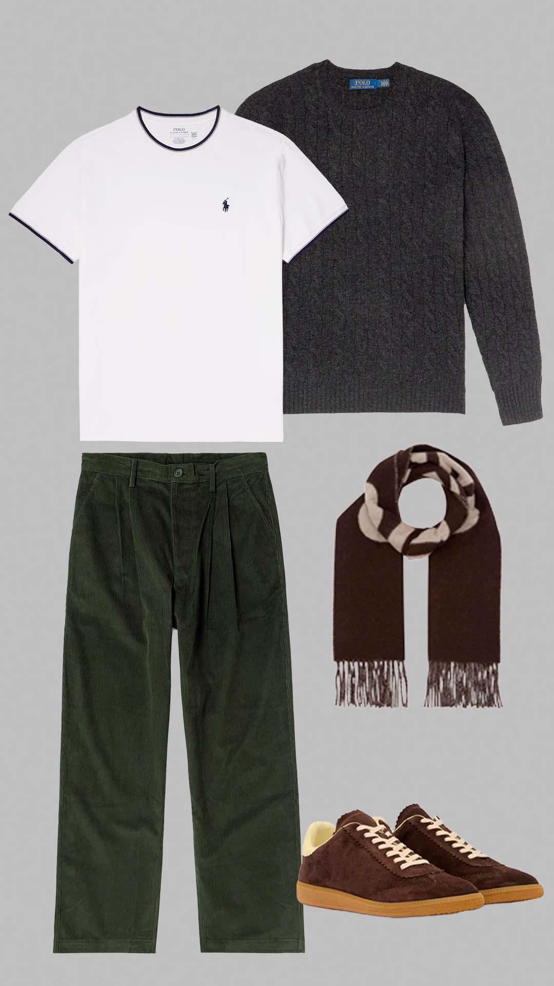 Old money outfit for men with white Polo Ralph Lauren t-shirt, dark grey knit sweater, green pleated trousers and brown sneakers