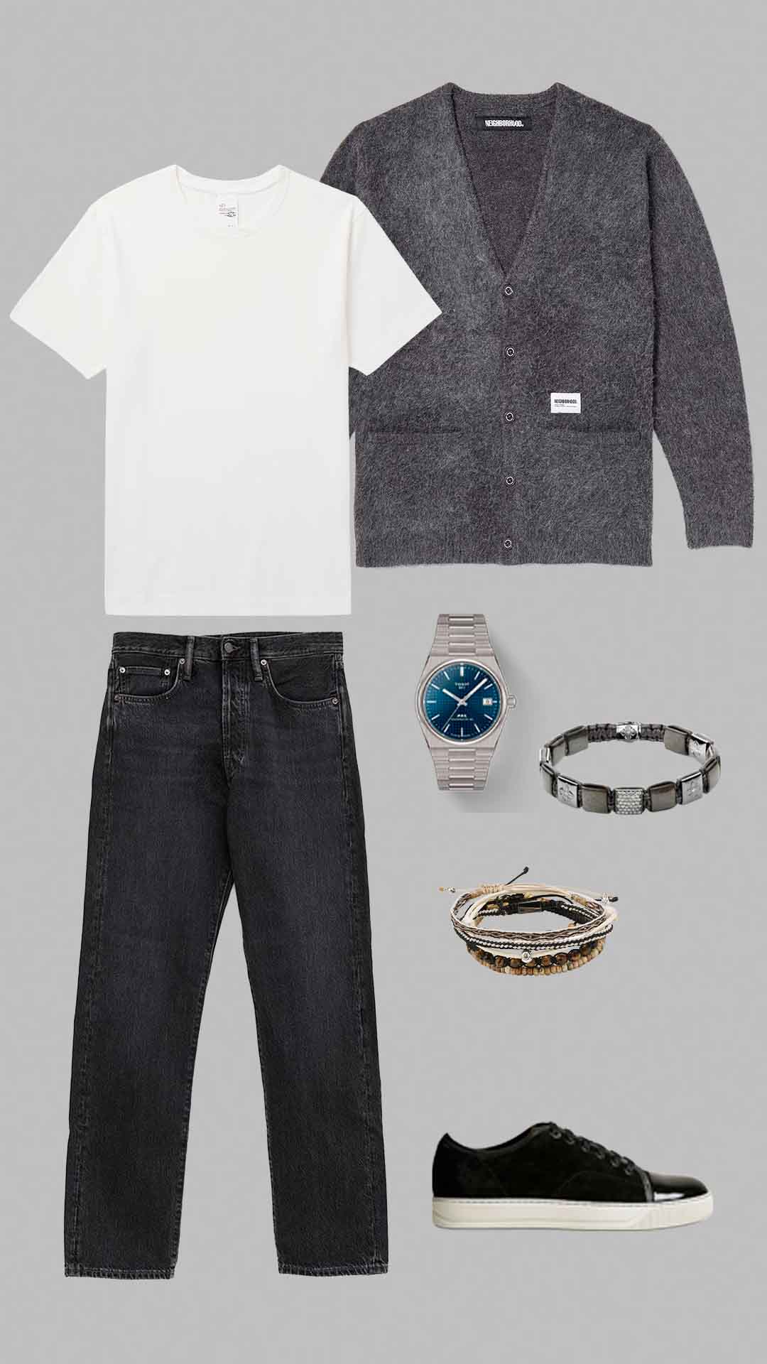 Old money outfit for men with white t-shirt, grey cardigan, black jeans and black sneakers