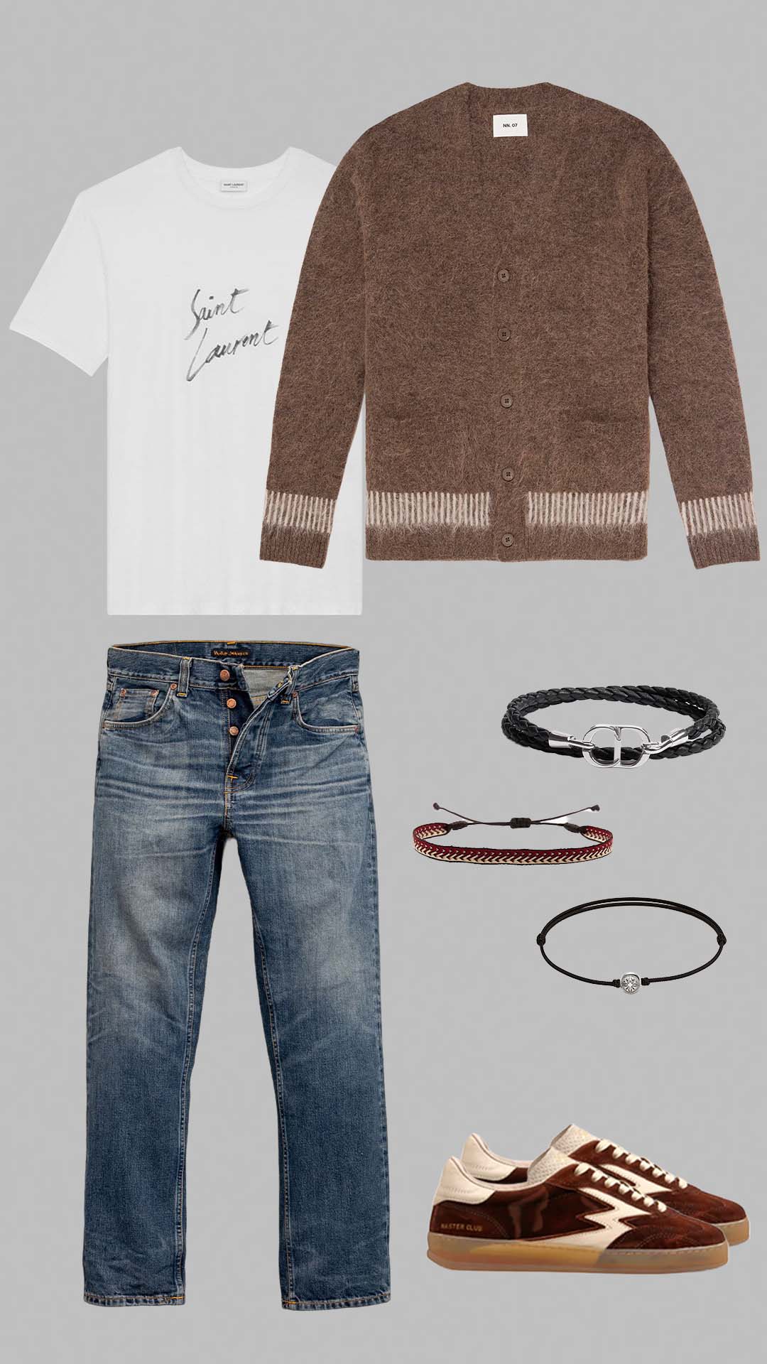 Old money outfit for men with white Saint Laurent t-shirt, brown cardigan, blue jeans and brown sneakers