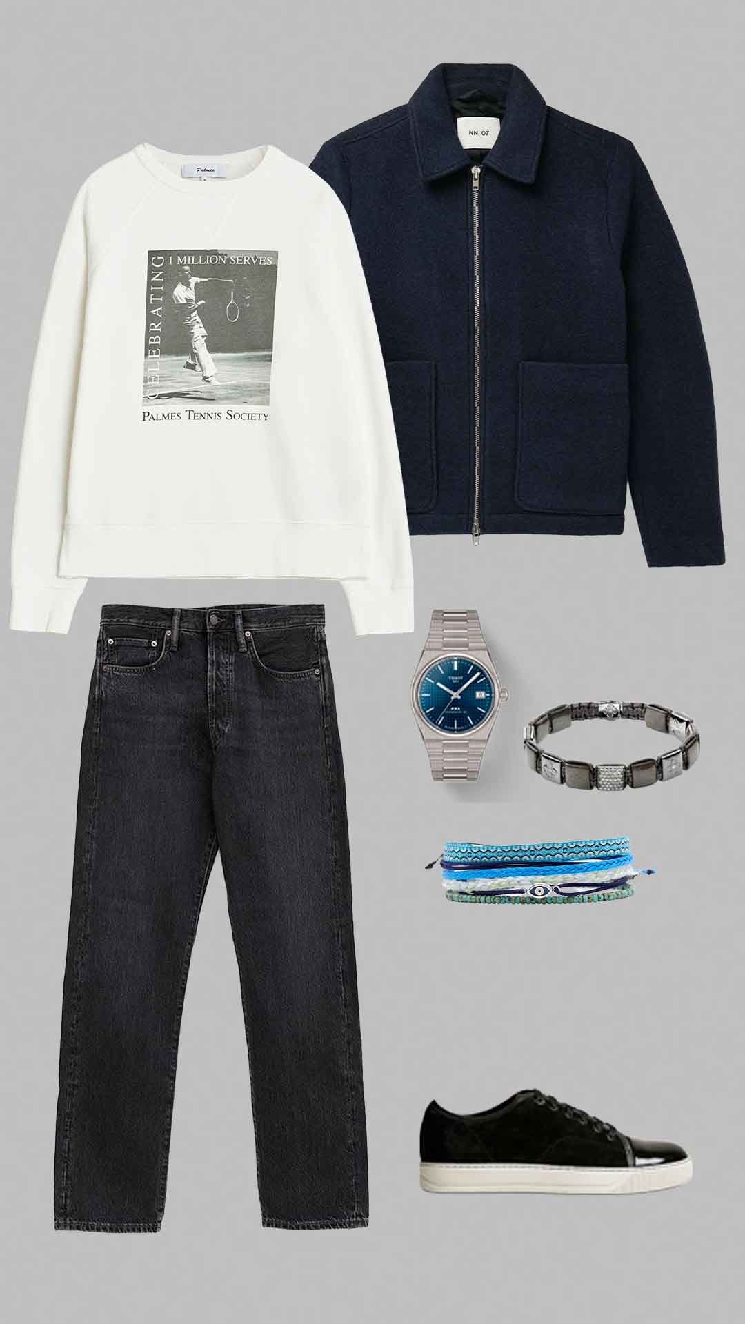 Old money winter outfit for men with white sweatshirt, navy wool jacket, black jeans and black sneakers