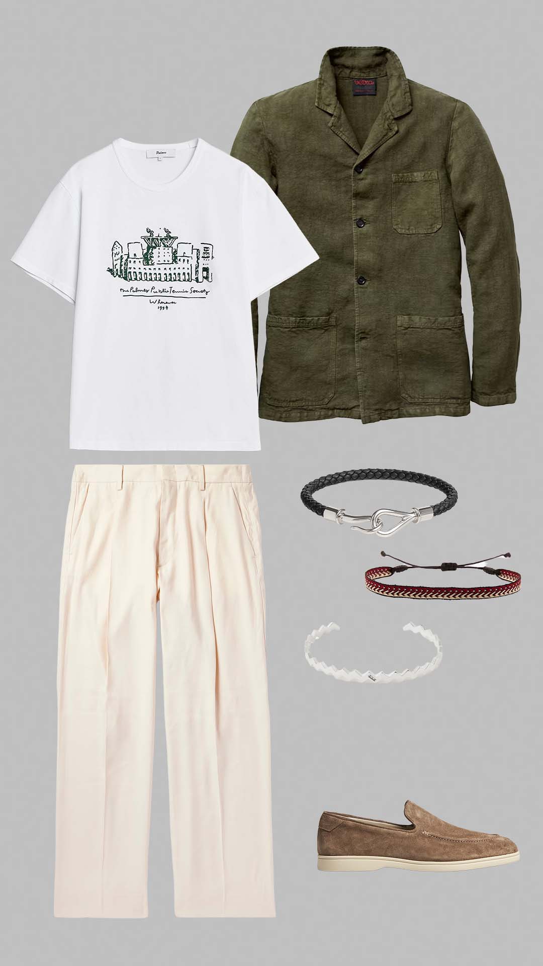 Old money summer outfit for men with white print t-shirt, green linen jacket, cream trousers and taupe loafers
