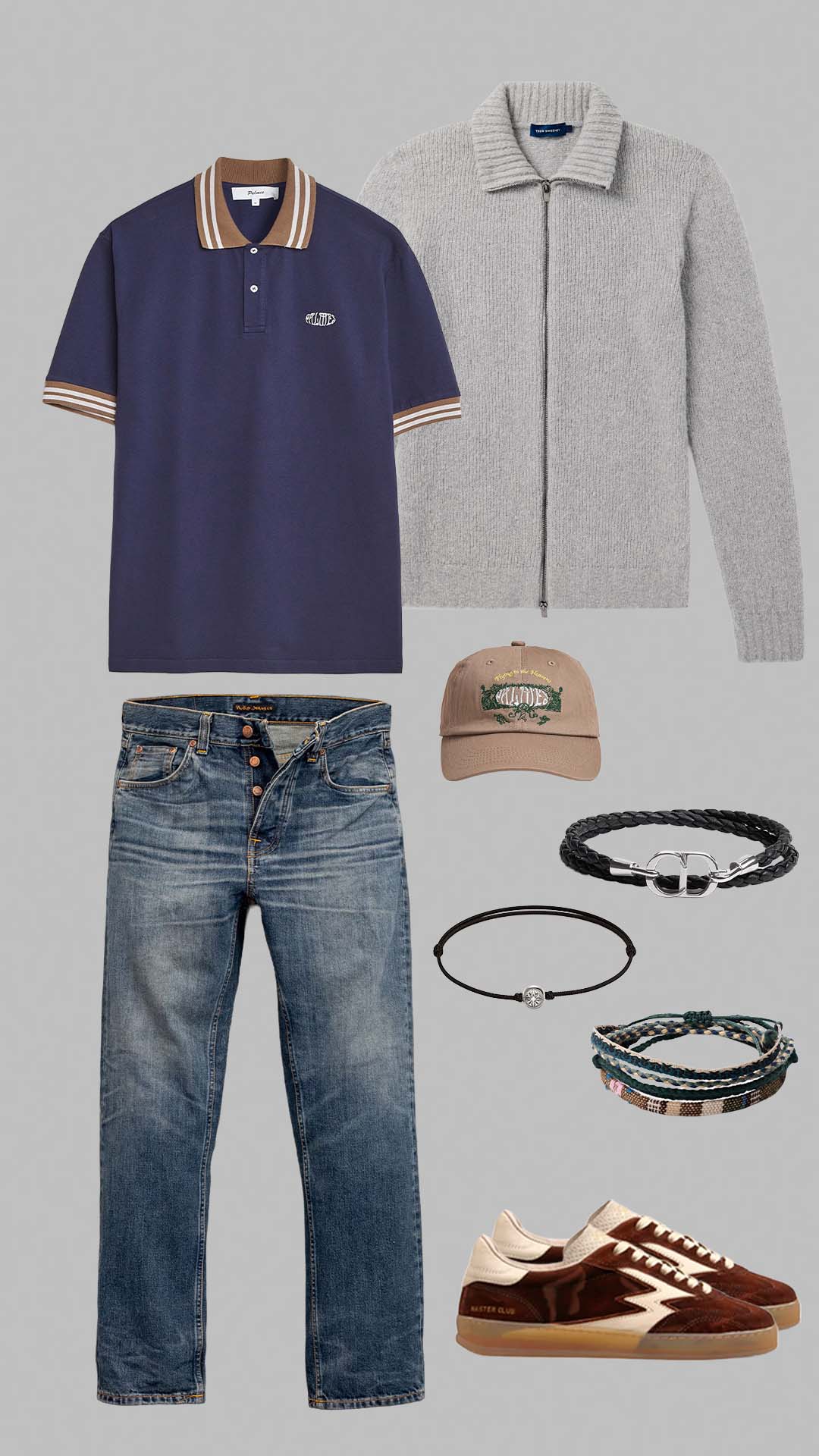 Old money outfit for men with navy polo shirt, grey zip knit, blue jeans and brown sneakers