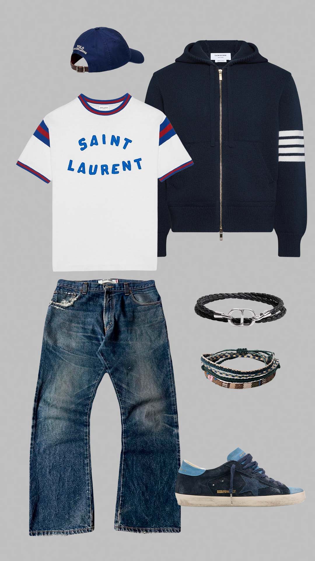 White graphic tee outfit for men with navy zip hoodie, blue jeans and sneakers.