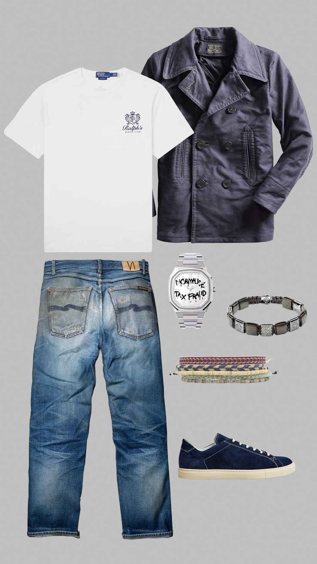 White tee outfit for men with navy peacoat, blue jeans and sneakers.