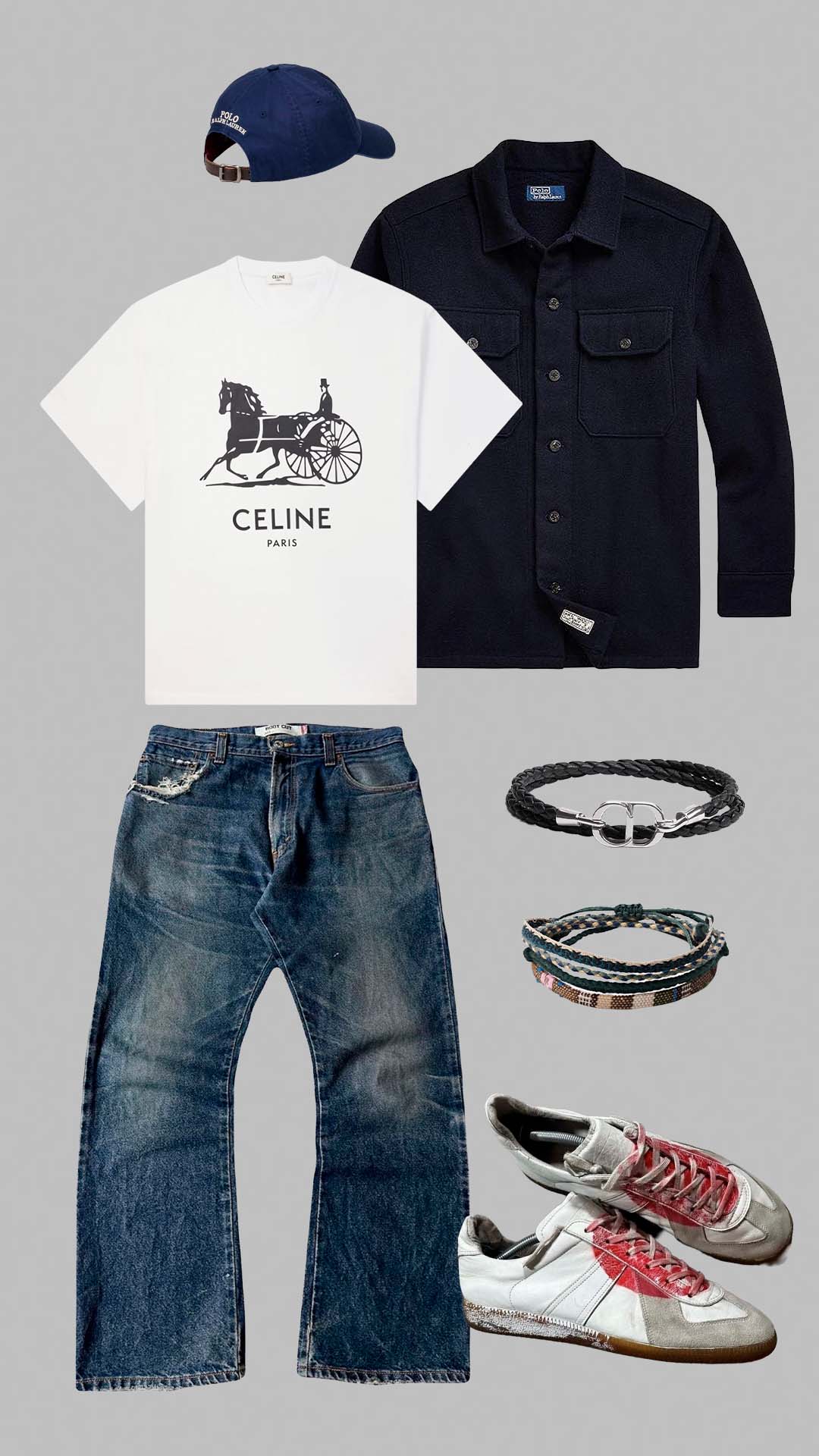 White tee outfit for men with navy overshirt, blue jeans and sneakers.