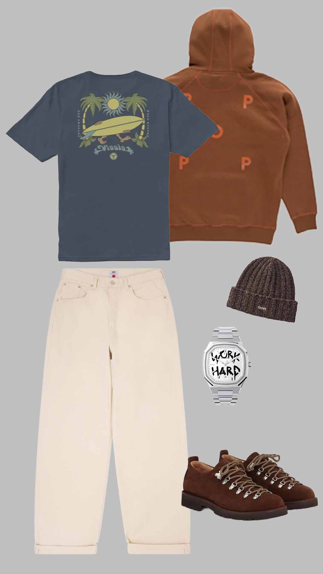 streetwear outfit for men with graphic hoodie, surf graphic t shirt, beige trousers and brown sneakers