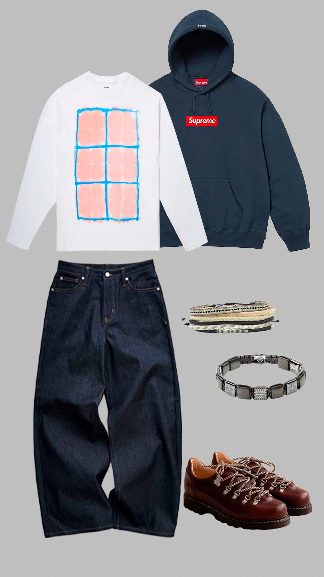 streetwear outfit for men with supreme hoodie, graphic long sleeve shirt, baggy denim jeans and brown paraboots