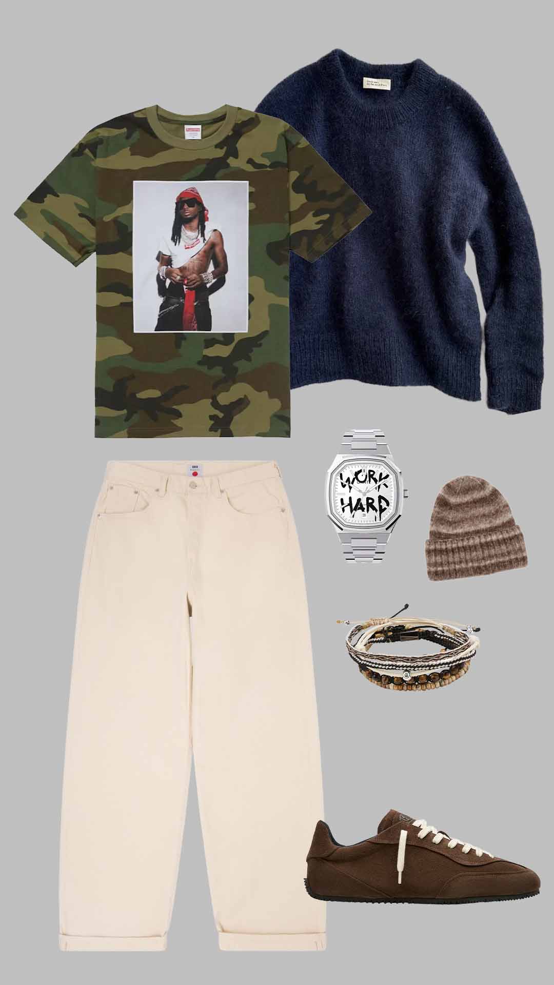 streetwear outfit for men with camo graphic t shirt, navy sweater, beige trousers and brown sneakers
