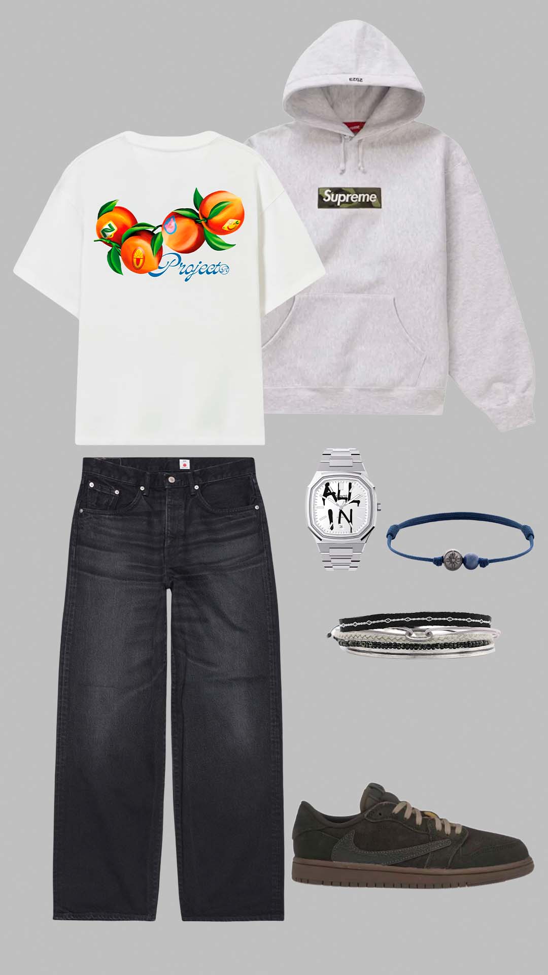 streetwear outfit for men with supreme hoodie, graphic t shirt, black jeans and nike sneakers