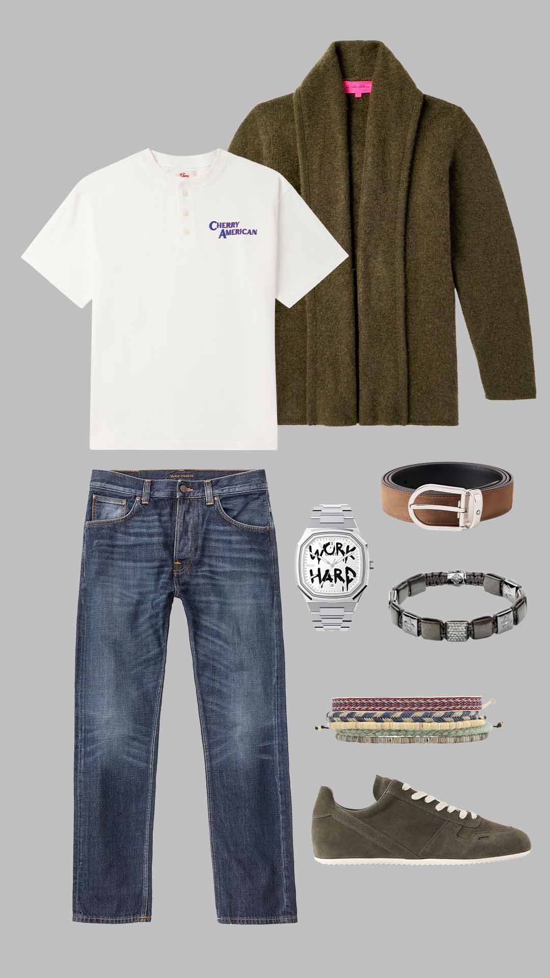 Old money outfit for men with white henley t-shirt, olive shawl cardigan, blue jeans and olive sneakers