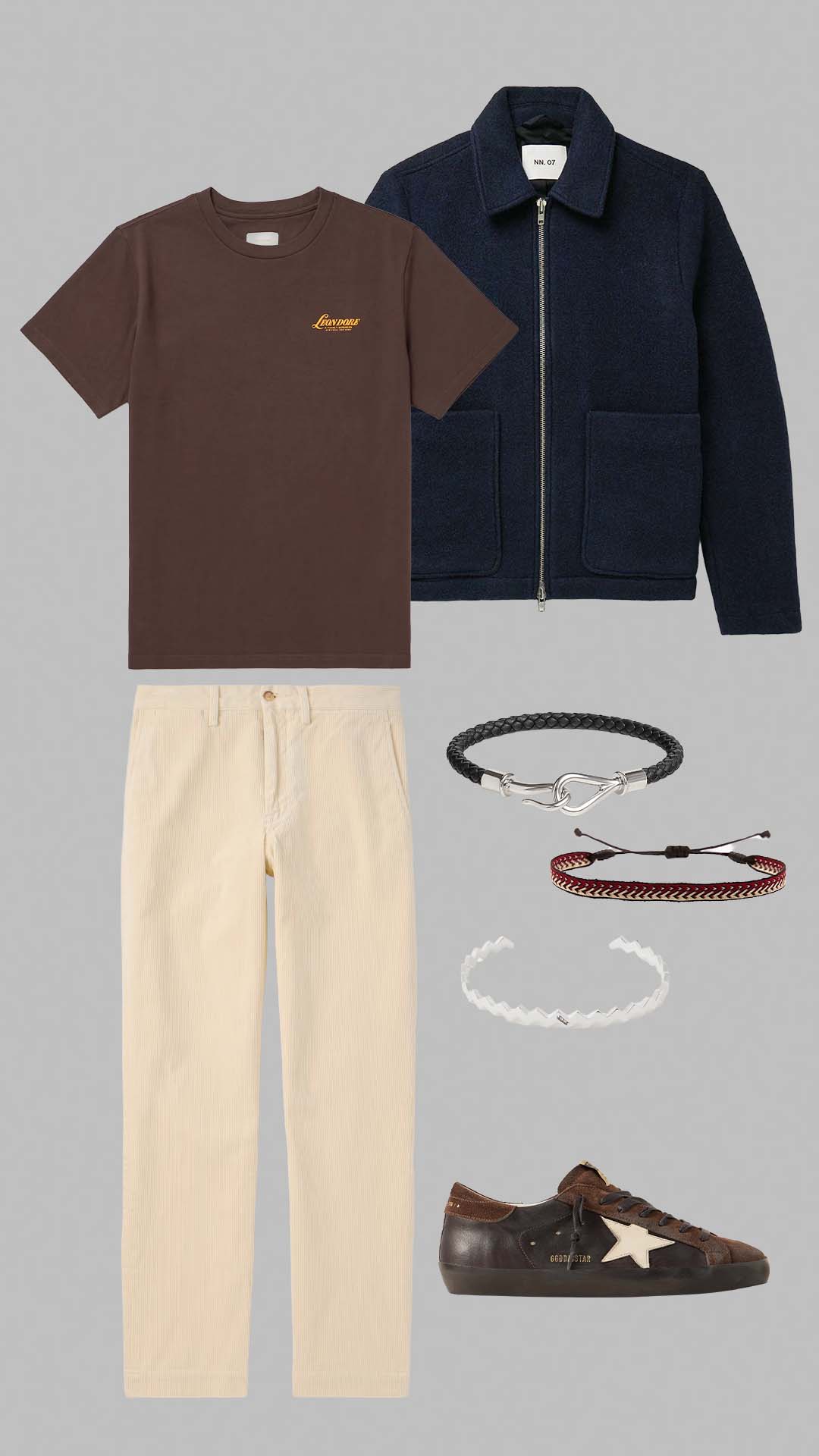 Old money spring outfit for men with brown t-shirt, navy wool jacket, cream corduroy trousers and brown sneakers
