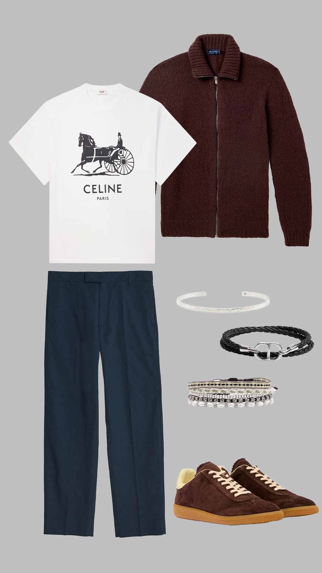 Old money outfit for men with white t-shirt, burgundy zip-up knit, navy trousers and brown suede sneakers