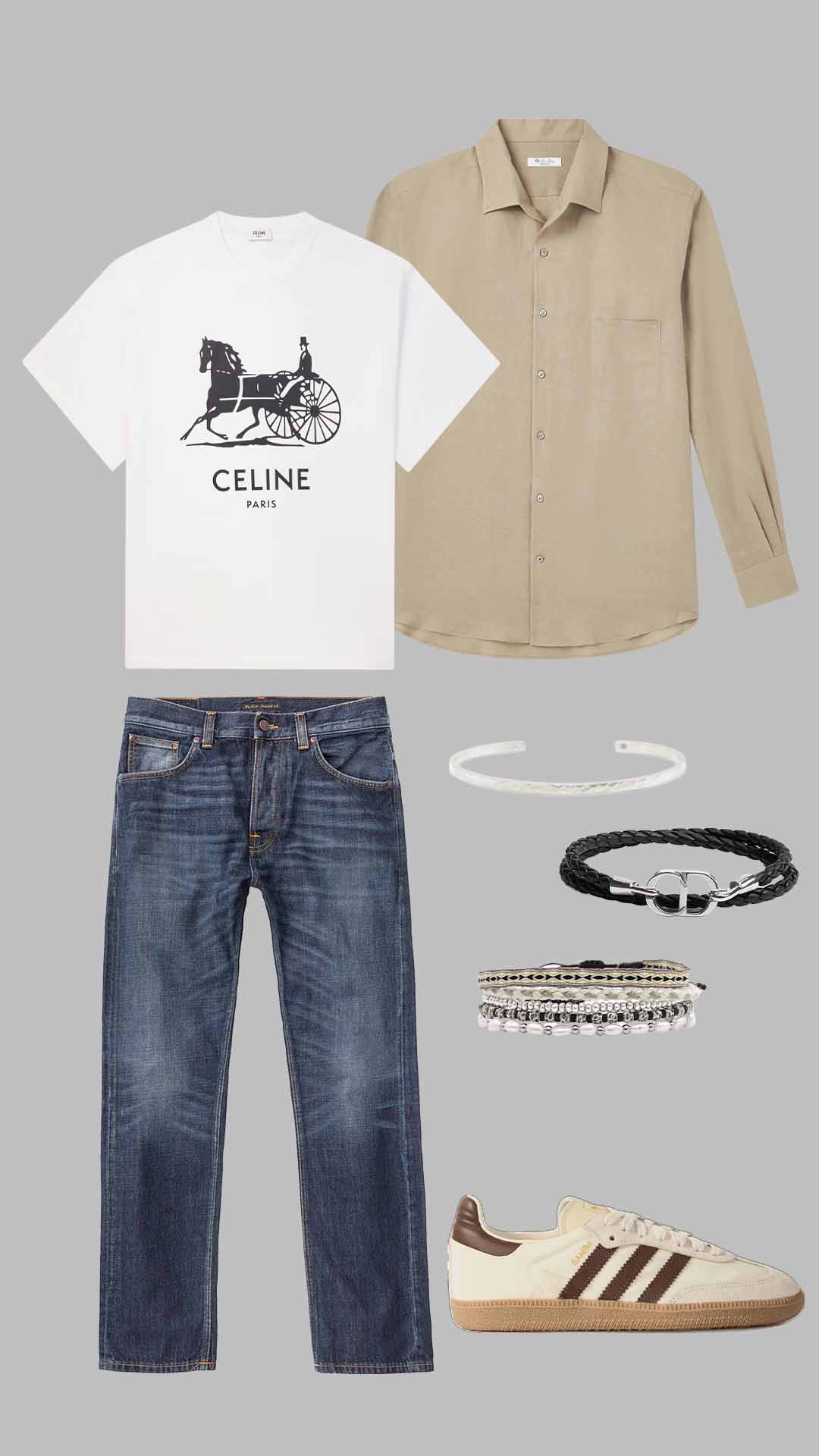 Old money outfit for men with white Celine t-shirt, beige shirt, blue jeans and Adidas sneakers